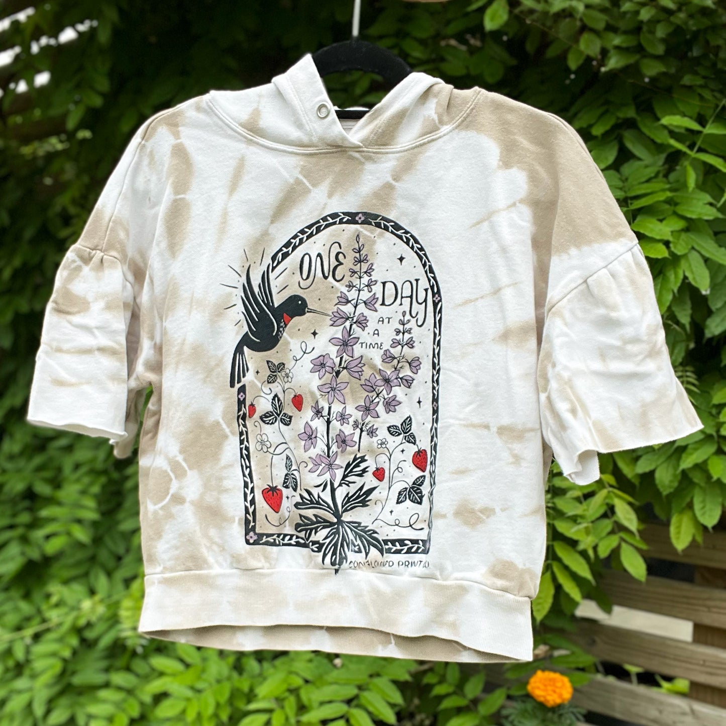 One Day at a Time | July Birth Flower | Browns & White Tiedye Cut Off Sleeve Hoodie | Small