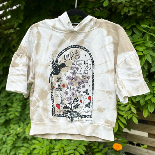 One Day at a Time | July Birth Flower | Browns & White Tiedye Cut Off Sleeve Hoodie | Small