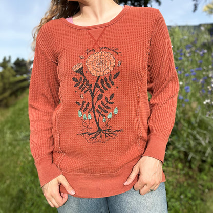 October Birth Flower | Marigold | Burnt Orange Waffle Knit Long Sleeve | Large