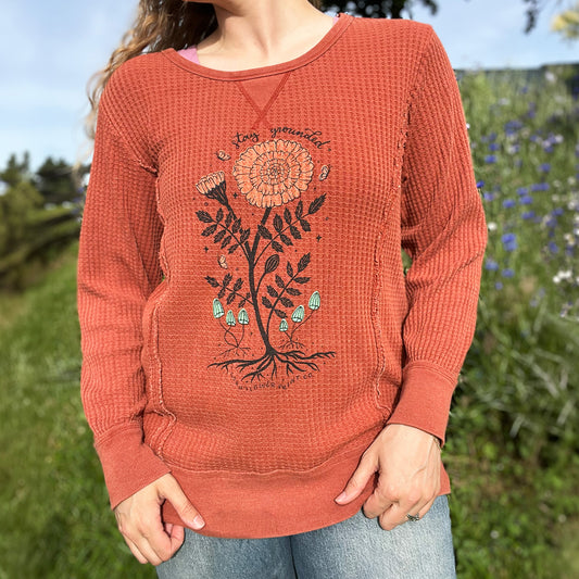 October Birth Flower | Marigold | Burnt Orange Waffle Knit Long Sleeve | Large