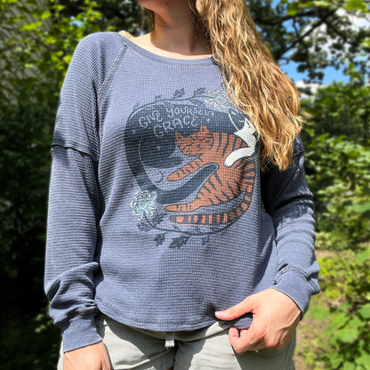 November Birth Flower | Chrysanthemum | Dark Gray Waffle Knit Long Sleeve | Small