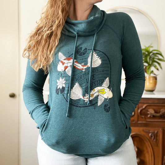 Koi Fish | Nevertheless We Persisted | Dark Teal Cowl Neck Long Sleeve | Medium
