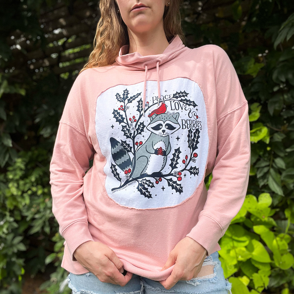 Peace, Love & Berries | Holly | December Birth Flower | Cowl Neck Pink Long Sleeve | Large
