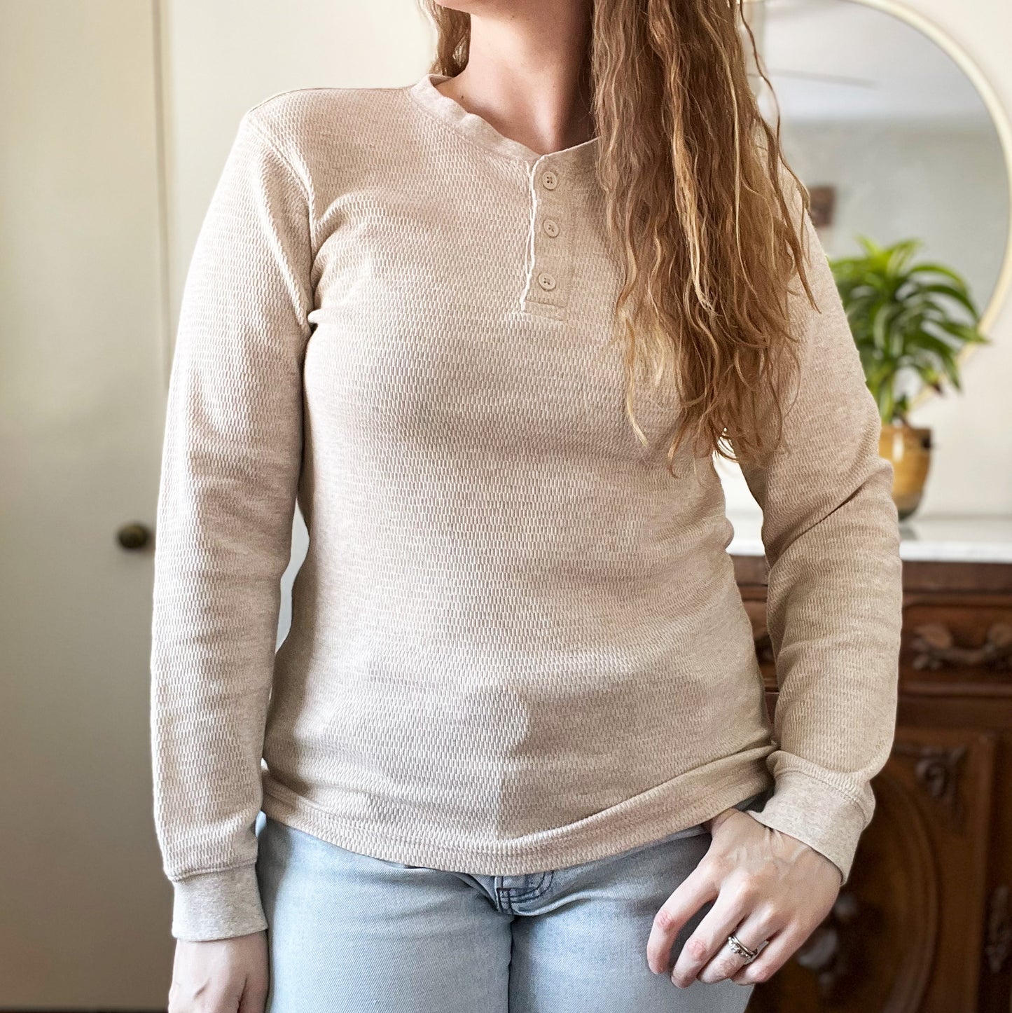 Shop Local | Henley Waffle Weave Cream Long Sleeve Shirt | Small