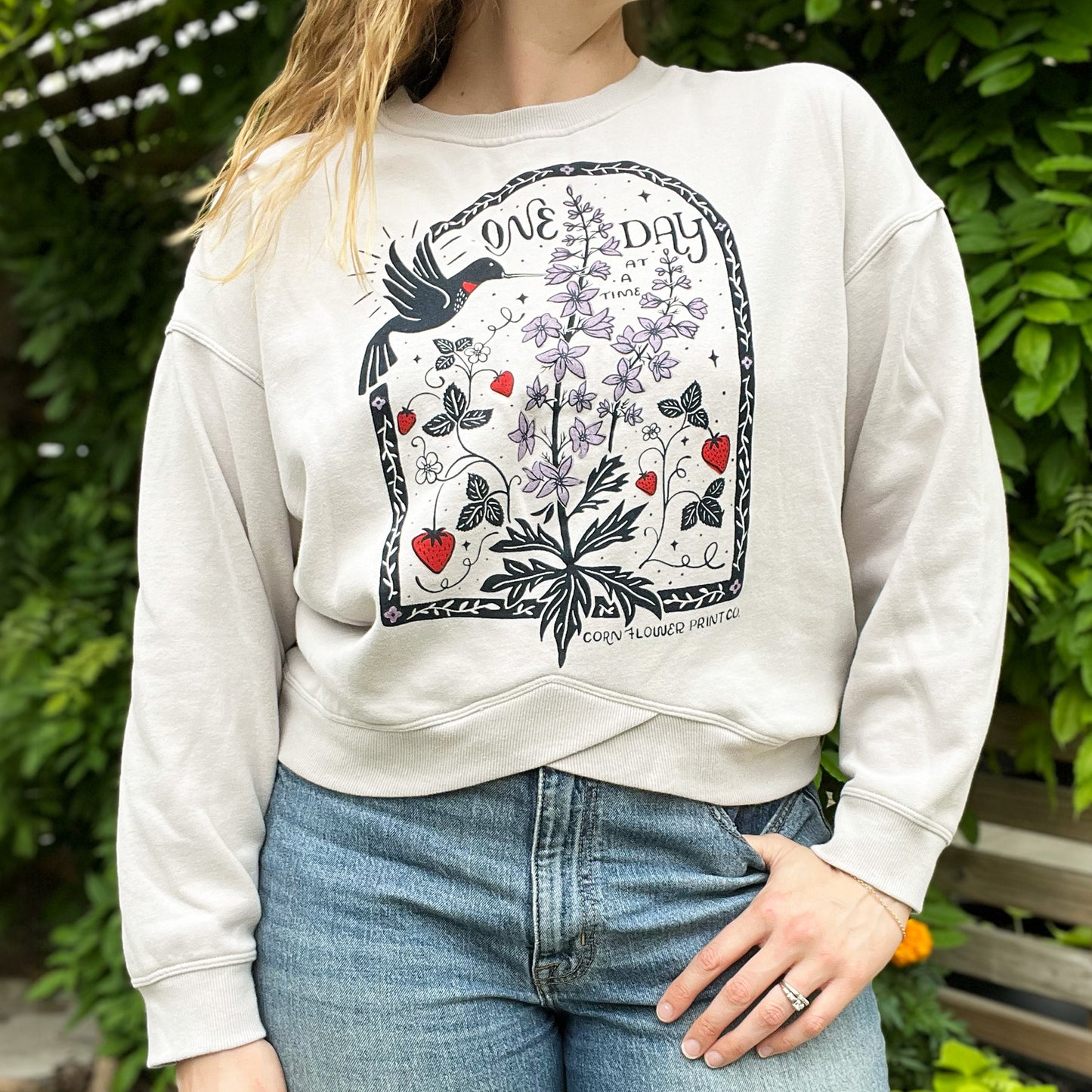 One Day at a Time | July Birth Flower | Cream Pullover Sweatshirt | Large