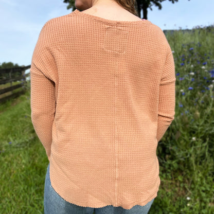 November Birth Flower | Chrysanthemum | Brown Waffle Knit Long Sleeve | Small