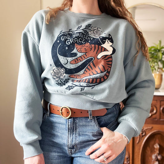 November Birth Flower | Chrysanthemum | Blue Cropped Sweatshirt | Large