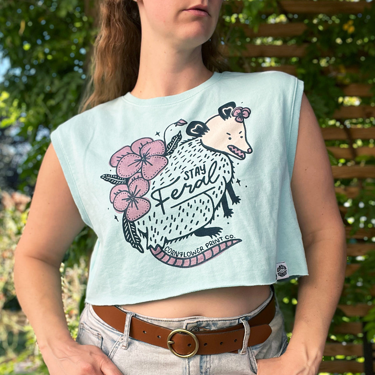 Stay Feral | Opossum | Light Blue Cropped Tank Top | Medium