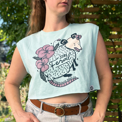 Stay Feral | Opossum | Light Blue Cropped Tank Top | Medium