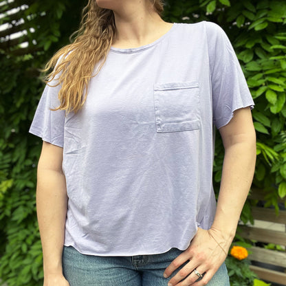 One Day at a Time | July Birth Flower | Purple Cut Off Tee w Front Pocket | XL