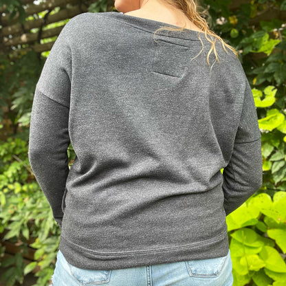Hope Lives Here | Snow Drops | January Birth Flower | Dark Gray Sweater with Pockets | Medium