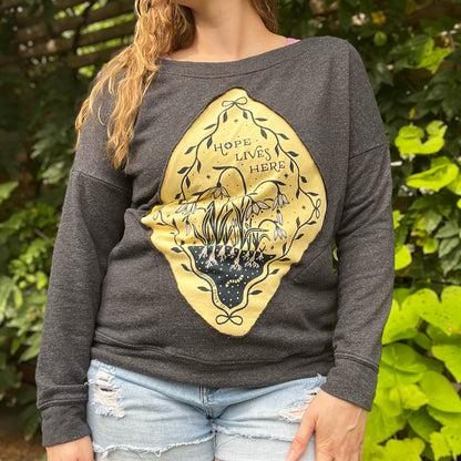 Hope Lives Here | Snow Drops | January Birth Flower | Dark Gray Sweater with Pockets | Medium