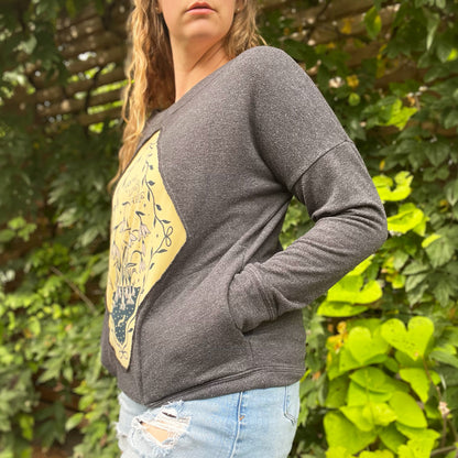 Hope Lives Here | Snow Drops | January Birth Flower | Dark Gray Sweater with Pockets | Medium