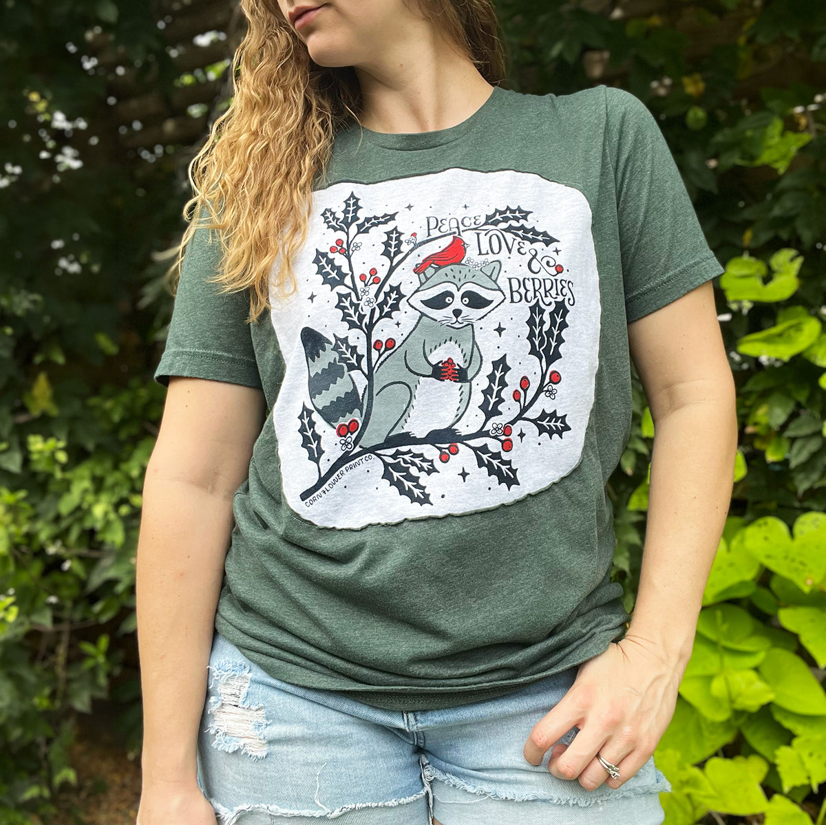 Peace, Love & Berries | Holly | December Birth Flower | Dark Green Tee | Large
