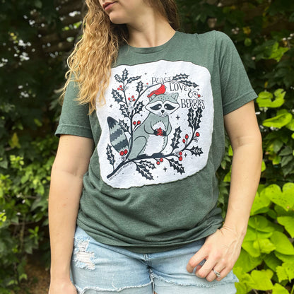 Peace, Love & Berries | Holly | December Birth Flower | Dark Green Tee | Large