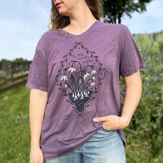 Hope Lives Here | Snow Drops | January Birth Flower | Dark Purple Tee | 2X