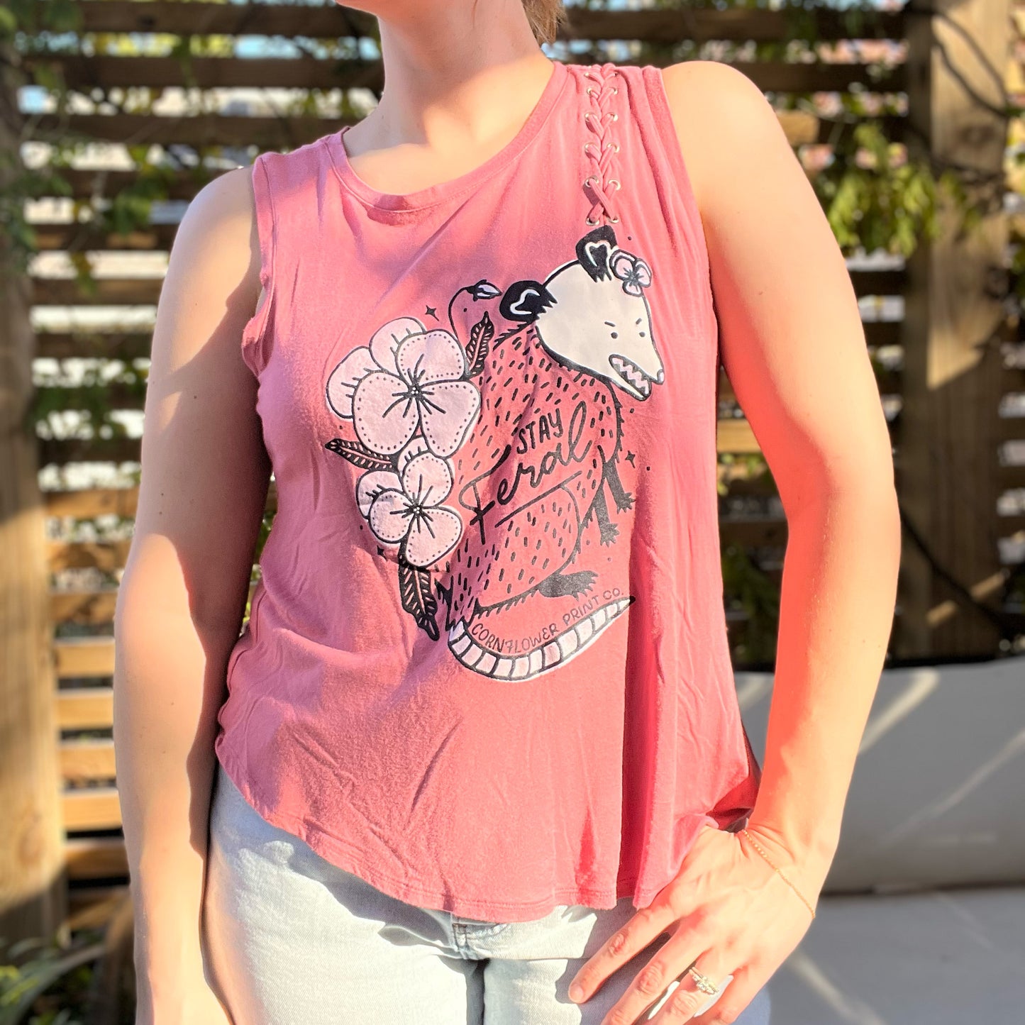 Stay Feral | Opossum | Pink Tank Top | Large