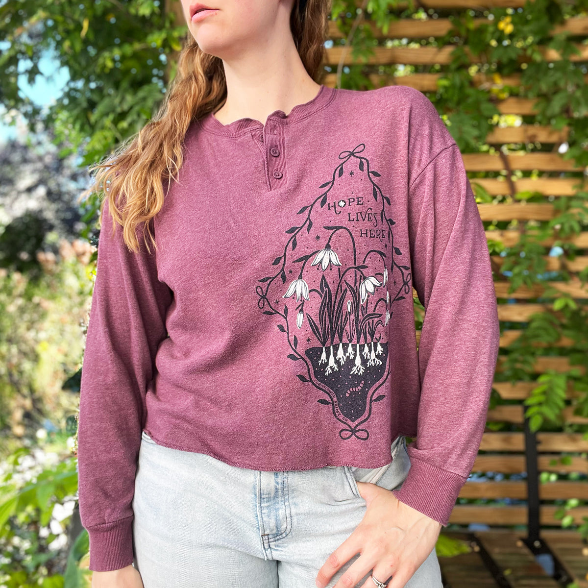 Hope Lives Here | Snowdrops | January Birth Flower | Deep Purple Long Sleeve | Small