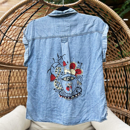 Seconds ✿ Self Care Cat | Blue Short Sleeve Button Up | Small