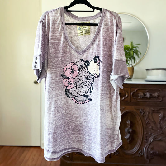 Stay Feral | Opossum | Distressed Purple Short Sleeve Tee | 2X