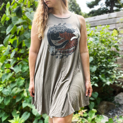 November Birth Flower | Chrysanthemum | Olive Green Shift Dress | Large