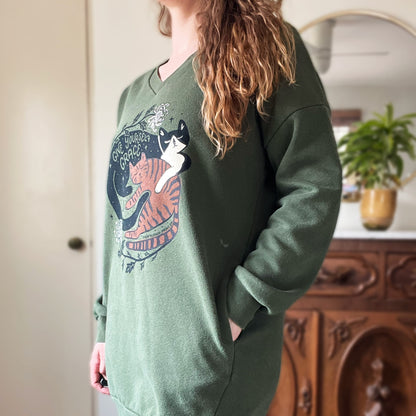 November Birth Flower | Chrysanthemum | Olive Green Sweater Dress w Pockets | L / XL