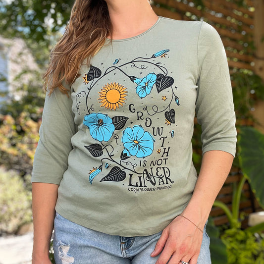 September Birth Flower | Morning Glory | Dusty Green 3/4 Sleeve Shirt | Large