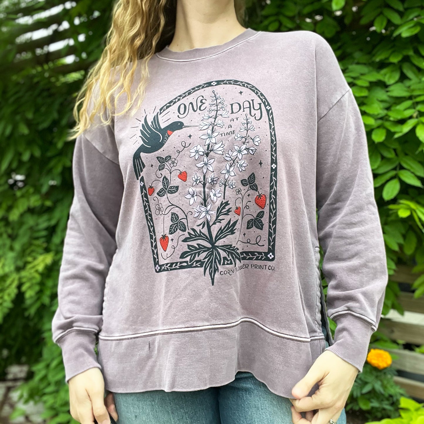 One Day at a Time | July Birth Flower | Dusty Purple Pullover Sweatshirt | Medium
