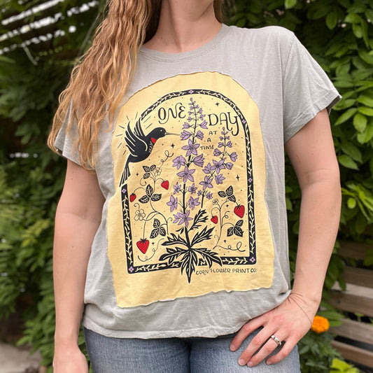 One Day at a Time | July Birth Flower | Pale Mint Green Tee w Reverse Applique | XL