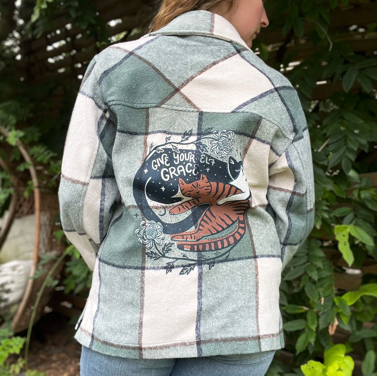 November Birth Flower | Chrysanthemum | Thick Teal Flannel Jacket | Medium