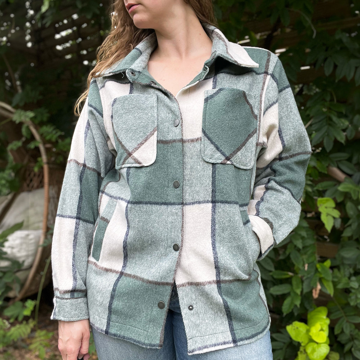 November Birth Flower | Chrysanthemum | Thick Teal Flannel Jacket | Medium