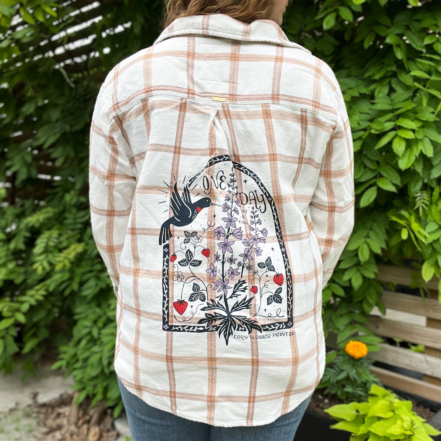 One Day at a Time | July Birth Flower | Cream & Brown Flannel Button Up | Large