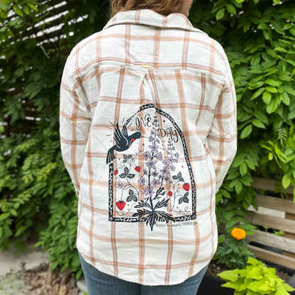 One Day at a Time | July Birth Flower | Cream & Brown Flannel Button Up | Large