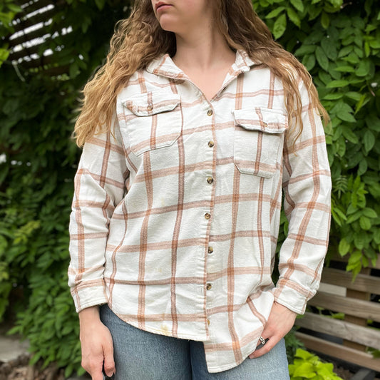 One Day at a Time | July Birth Flower | Cream & Brown Flannel Button Up | Large