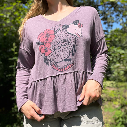 Stay Feral | Opossum | Purple Flowy Long Sleeve Shirt | Medium