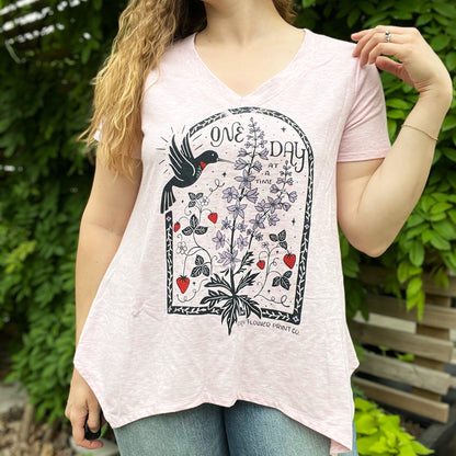 One Day at a Time | July Birth Flower | Heather Pink Flowy Tee | Large