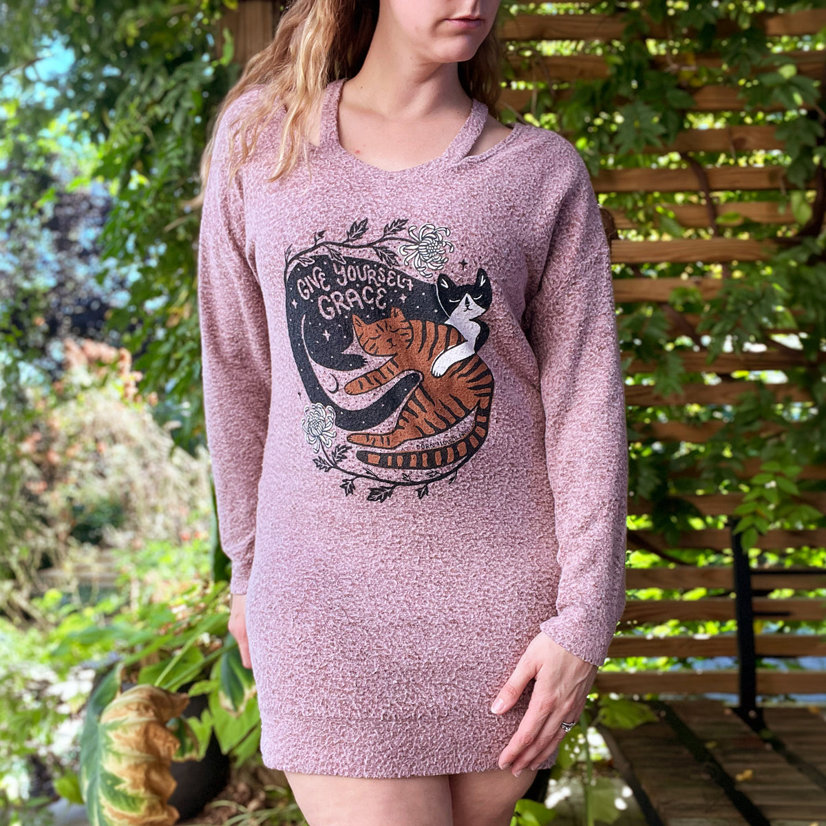November Birth Flower | Chrysanthemum | Cozy Purple Long Sleeve Dress | Medium