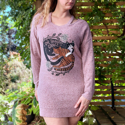 November Birth Flower | Chrysanthemum | Cozy Purple Long Sleeve Dress | Medium