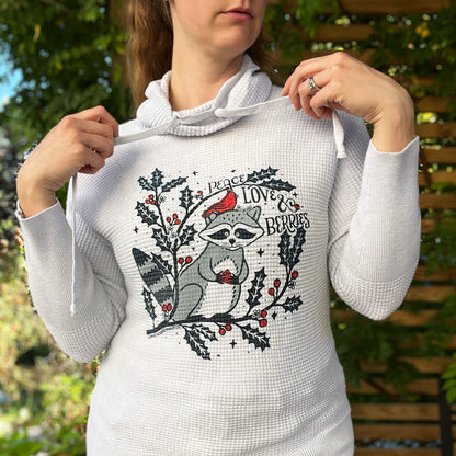 Peace, Love & Berries | Holly | December Birth Flower | Cowl Neck Light rGay Waffle Knit Long Sleeve | Small