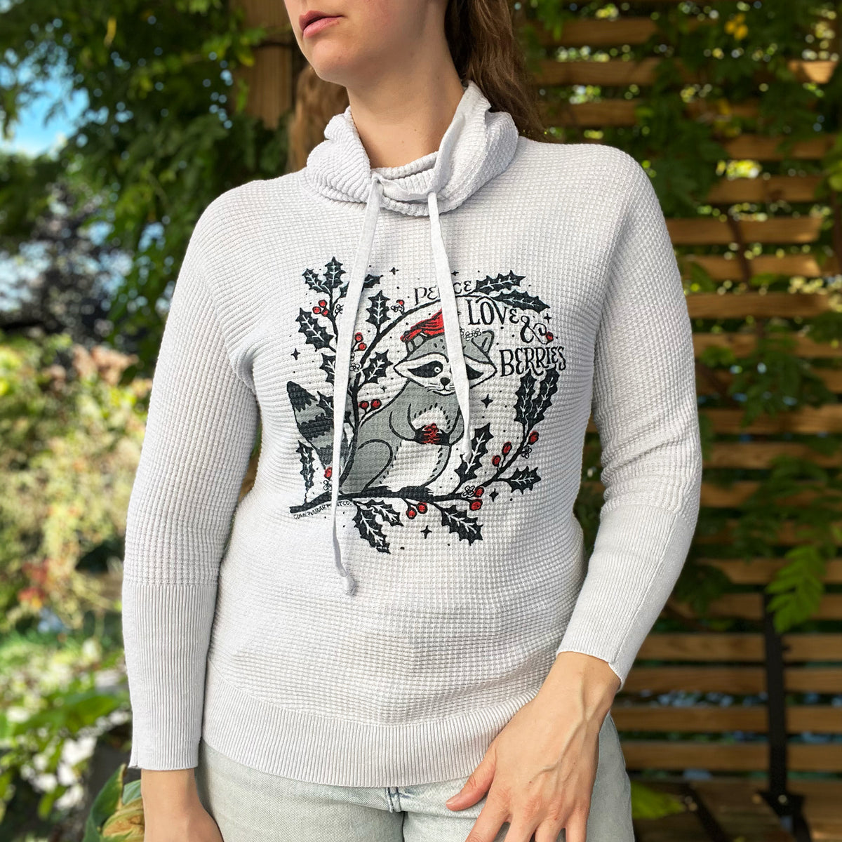 Peace, Love & Berries | Holly | December Birth Flower | Cowl Neck Light rGay Waffle Knit Long Sleeve | Small
