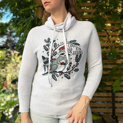 Peace, Love & Berries | Holly | December Birth Flower | Cowl Neck Light rGay Waffle Knit Long Sleeve | Small