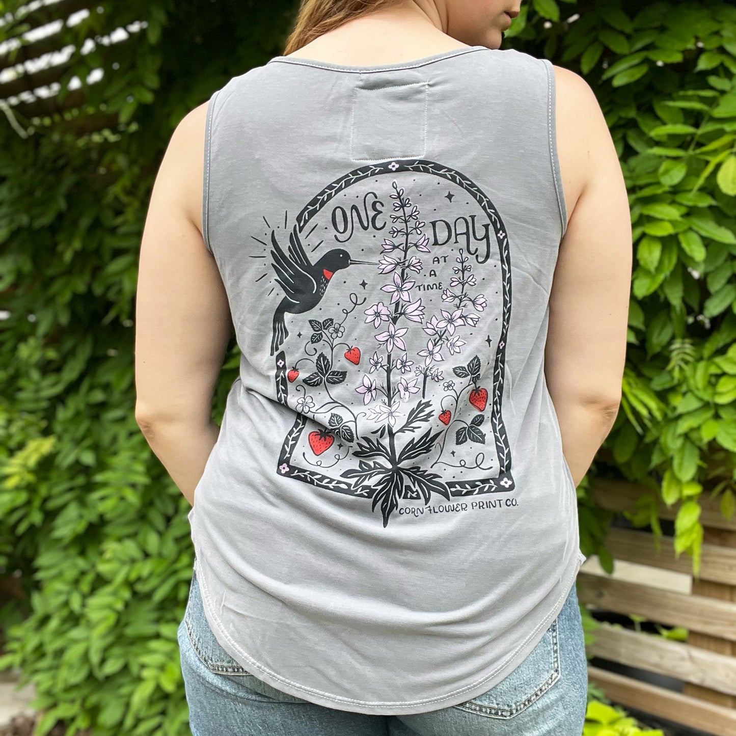 One Day at a Time | July Birth Flower | Gray Tank Top | Medium