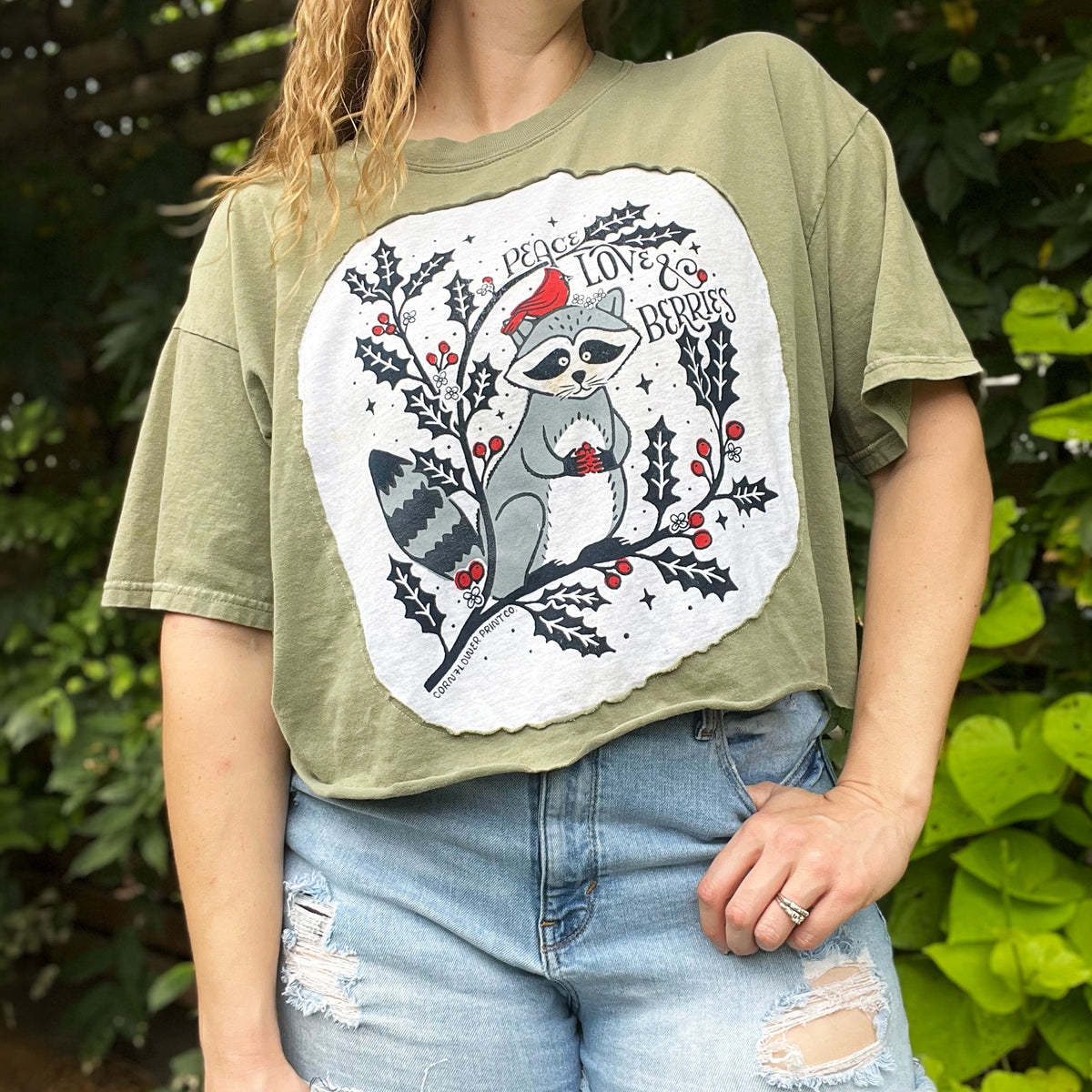 Peace, Love & Berries | Holly | December Birth Flower | Dusty Green Crop Top | XL