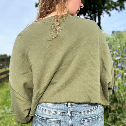 November Birth Flower | Chrysanthemum | Olive Green Cut Off Oversized Sweatshirt | Large