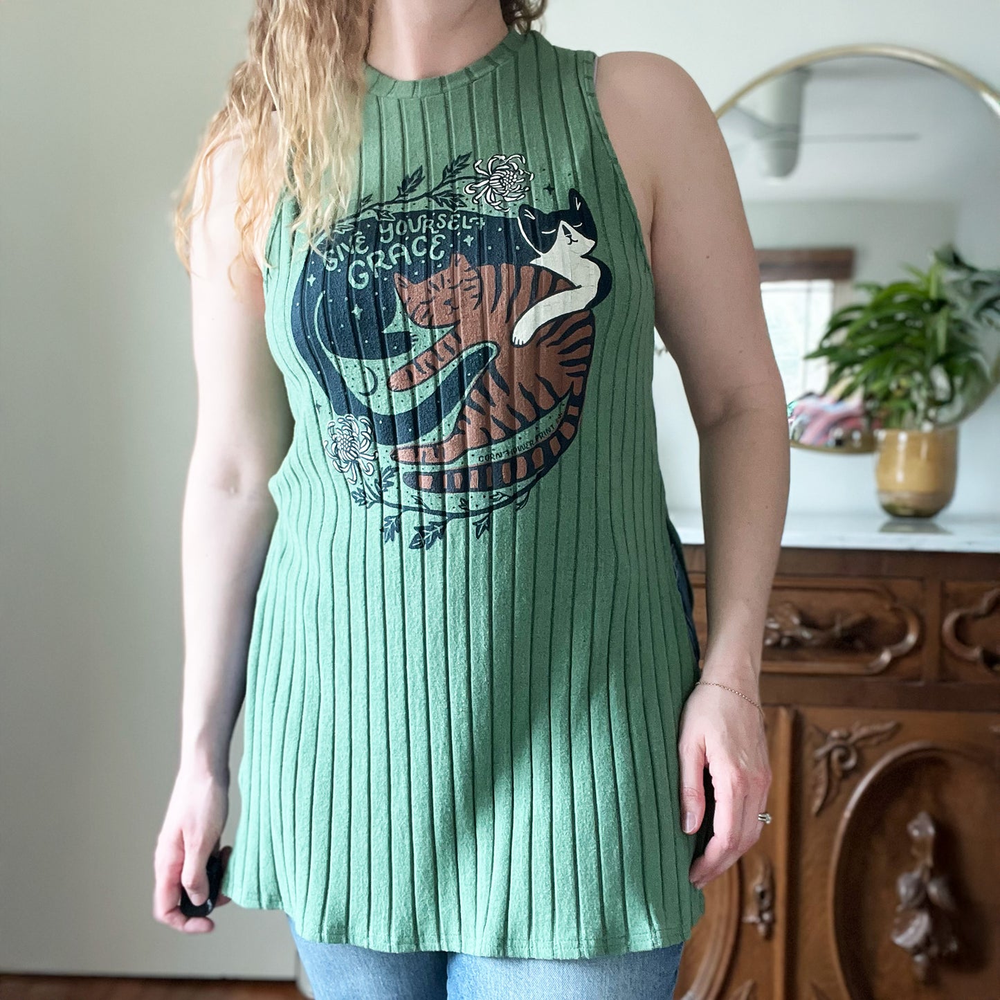November Birth Flower | Chrysanthemum | Green Tank Tunic | Large