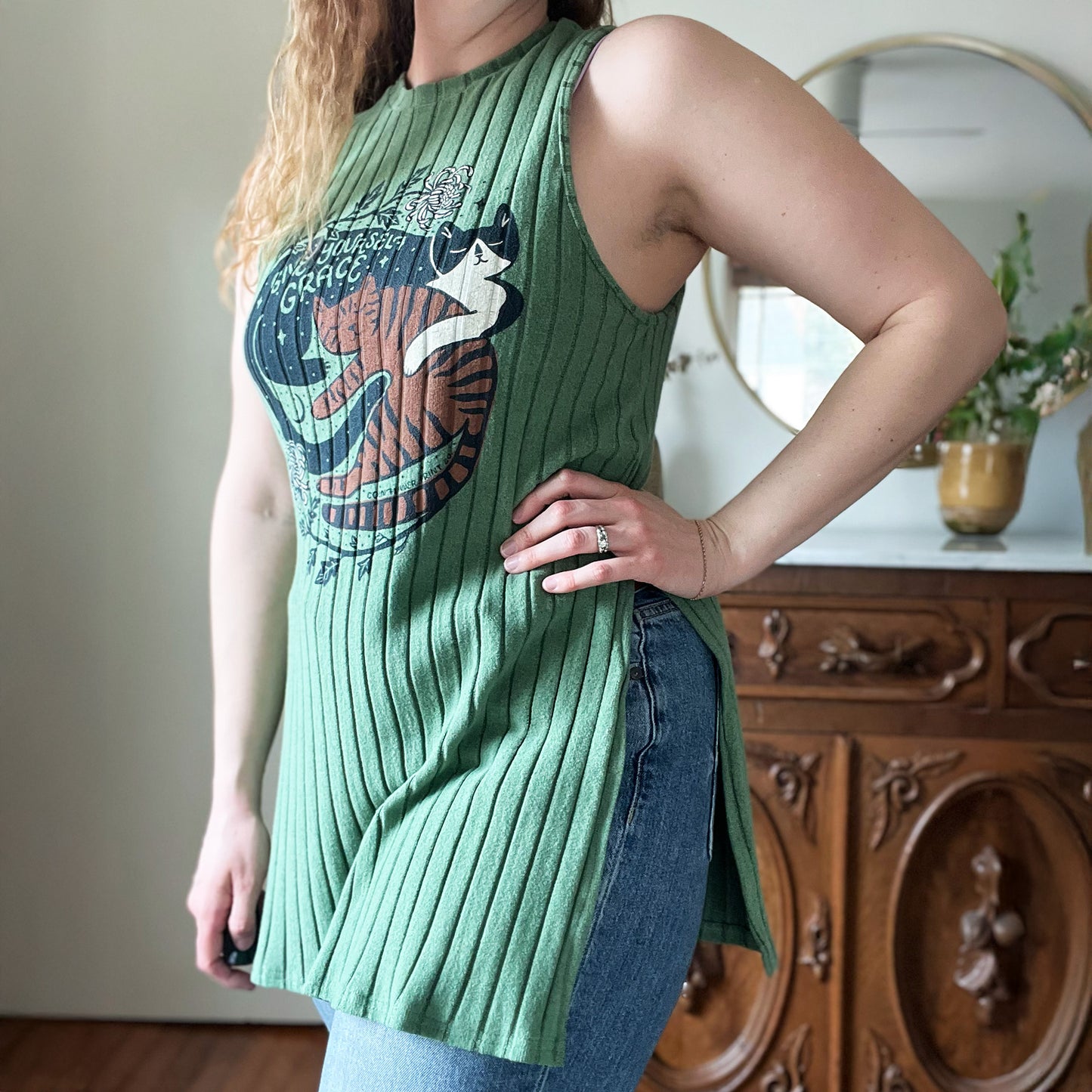 November Birth Flower | Chrysanthemum | Green Tank Tunic | Large