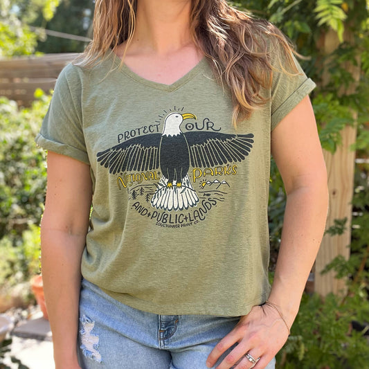 National Parks | Green V-Neck Tee | Large