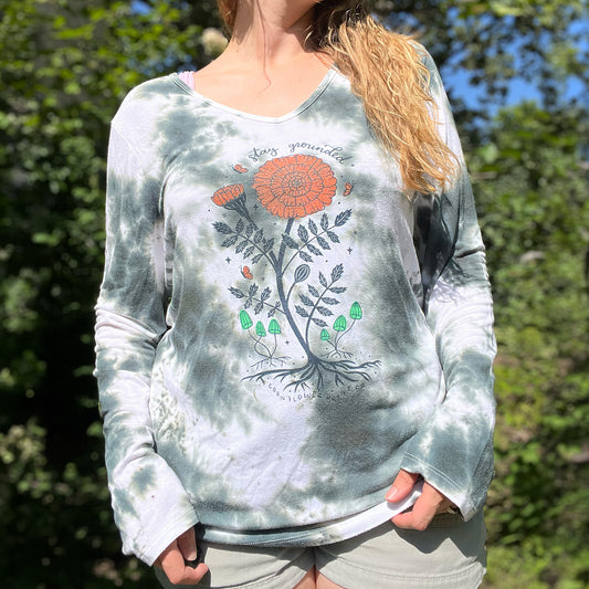 October Birth Flower | Marigold | Green Tiedye Long Sleeve Shirt | XL