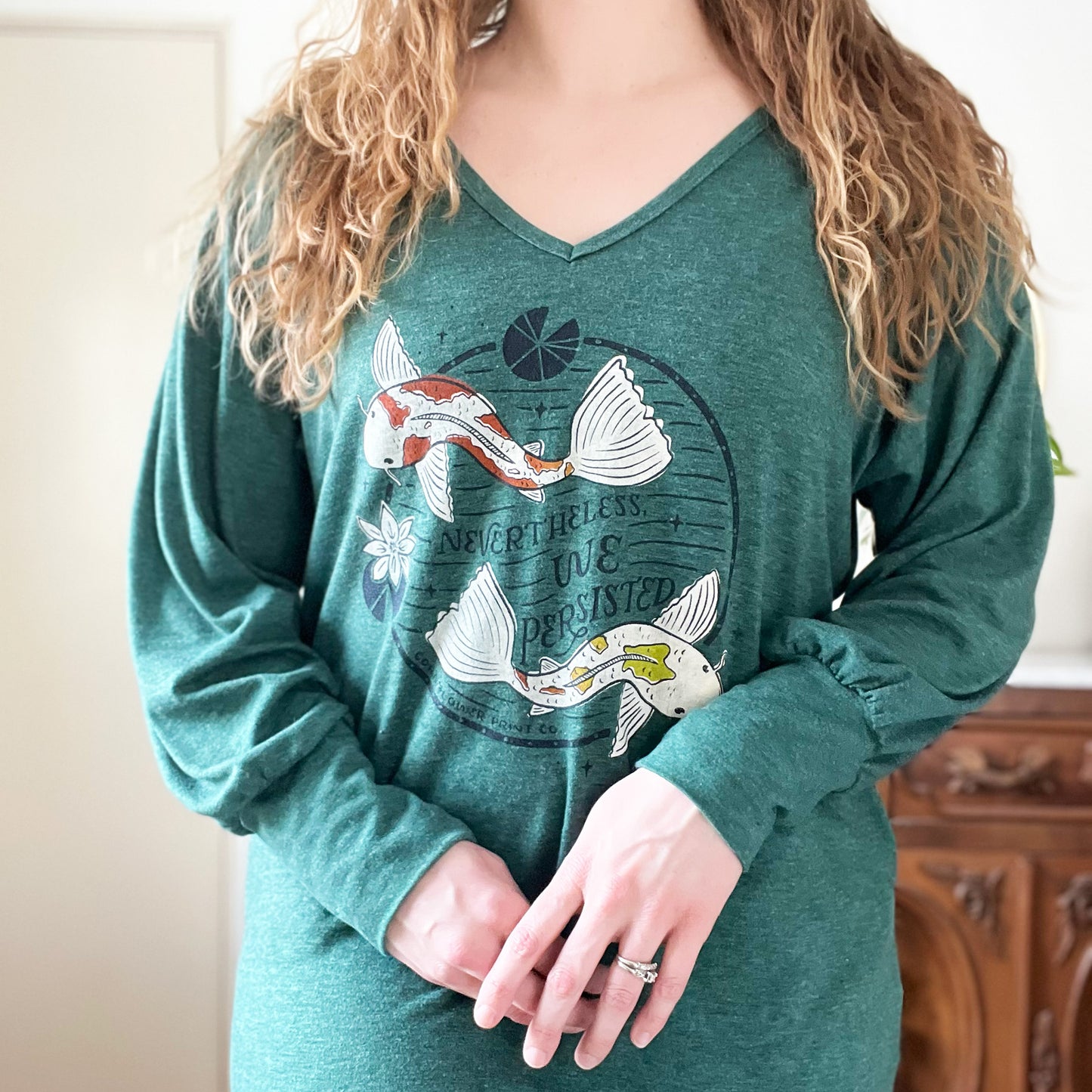 Koi Fish | Nevertheless We Persisted | Green Tunic Top with Pockets | Medium