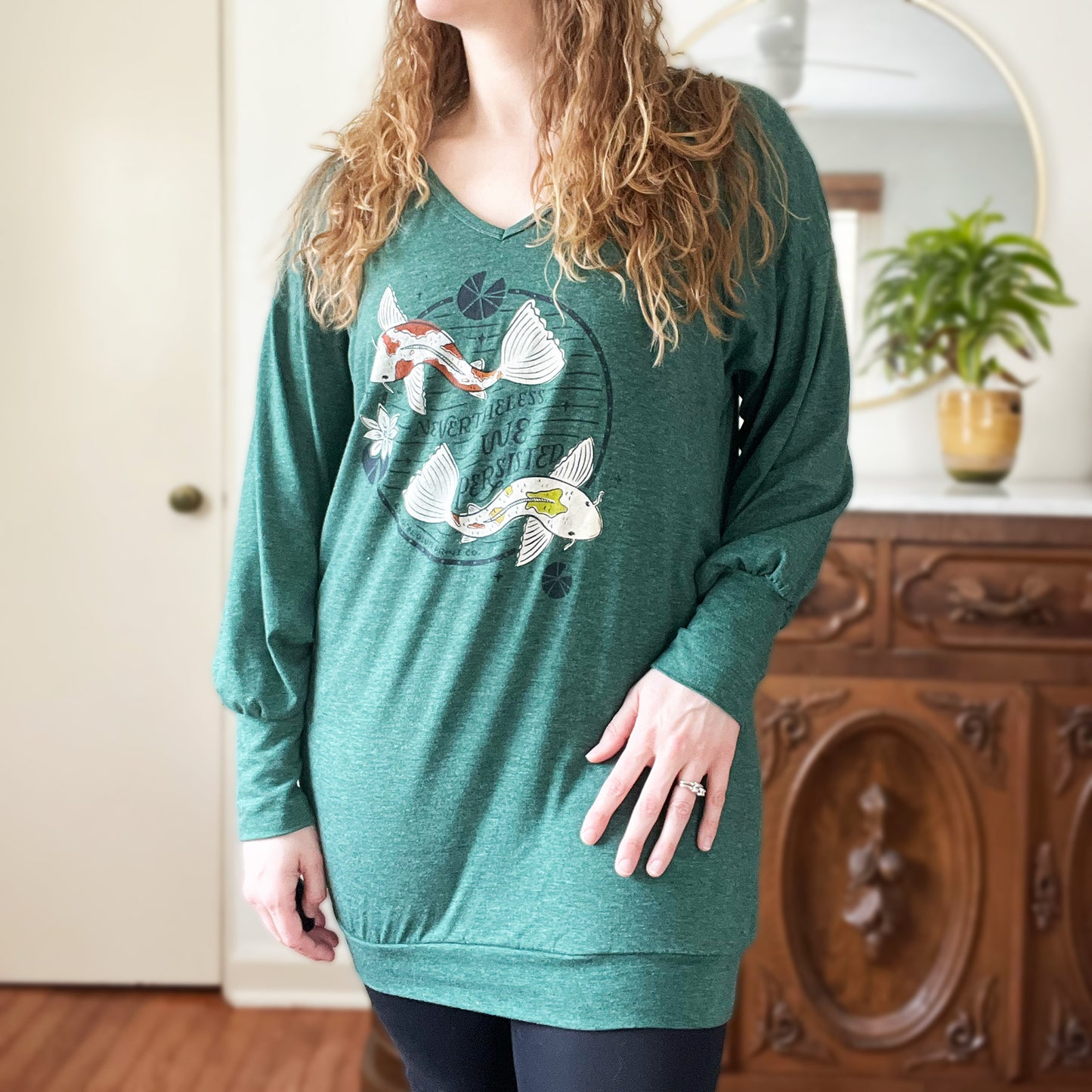 Koi Fish | Nevertheless We Persisted | Green Tunic Top with Pockets | Medium